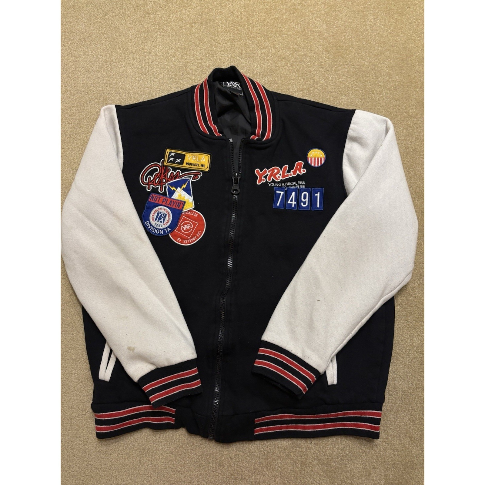 Young & Reckless Yrla Full Zip Varsity Jacket Mens Sz Large Black White Patches